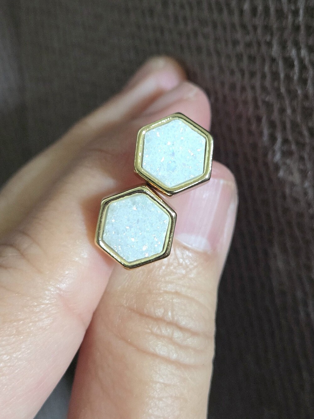 Luna🌙 Norte White Druzy Quartz Hexagon Earrings - Picture 3 of 16